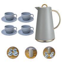 Conjunto Garrafa Térmica Samira Café Chá 1L com 4 Xícaras Pires Cerâmica 210ml