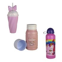 Conjunto Garrafinhas Unicórnio rosa feminina kit 3 peças Conjunto Garrafinhas Unicórnio rosa feminina kit 3 peças