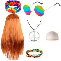 Conjunto genérico de perucas Hippie laranja de 60 cm de comprimento com acesso.