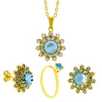 Conjunto Girassol Solitário Gargantilha Brincos Aquamarine Banhado Ouro Amarelo 18 k - KIT16419