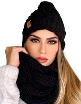 Conjunto Gorro e Gola Cachecol de Tricô Lã Moda Inverno Cor:Preto