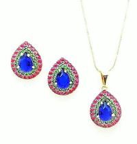 Conjunto Gota Cristais Cravejado De Zirconias Pink Banho Ouro 18k 4553 Conjunto Gota Cristais Cravejado De Zirconias Pink Banho Ouro 18k 4553