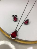 Conjunto Gota Cristal Vermelho Folheado Ródio Negro C/ zircônia