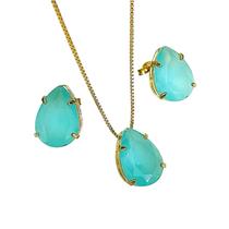 Conjunto Gota Folheado A Ouro Azul Leitoso
