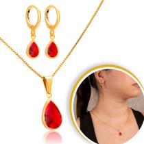 Conjunto Gota Vermelho Com Brinco E Corrente Dourado Feminino Banhado Conjunto Gota Vermelho Com Brinco E Corrente Dourado Feminino Banhado