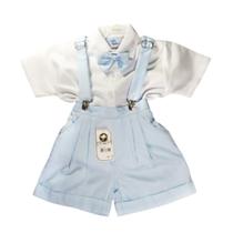 Conjunto Gravata e Suspensório Batizado Bebê Menino Branco Azul - Nelu