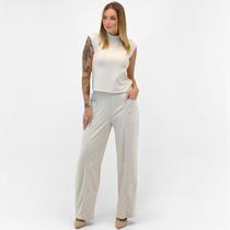 Conjunto Gris em Tecido Blusa Regata e Calça Wide Leg Feminino
