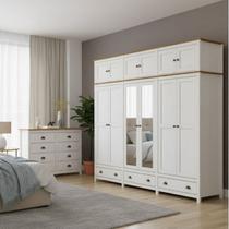 Conjunto Guarda-Roupa 12 Portas e Cômoda 8 Gavetas 100% Madeira Maciça - Topázio Finestra Móveis Branco/Freijó