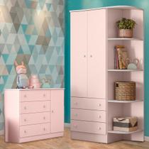 Conjunto Guarda Roupa 2 Portas e Cômoda Sapateira 1 Porta 4 Gavetas Rosa