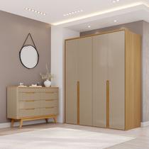 Conjunto Guarda-Roupa 4 Portas 3 Gavetas Cômoda 8 Gavetas com Tampo MDF Lizz Marrom/Fendi/Hannover Conjunto Guarda-Roupa 4 Portas 3 Gavetas Cômoda 8 Gavetas com Tampo MDF Lizz Marrom/Fendi/Hannover