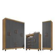 Conjunto Guarda Roupa 6 Portas com Cômoda e Multiuso - Carvalho Americano-Grafite- EdeCasaMoveis