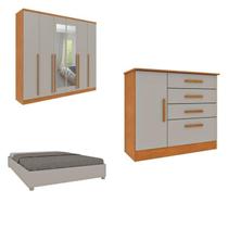 Conjunto Guarda Roupa Casal com Puxador MDF Portugal com Espelho, Cama Casal Monaco e Cômoda Chicago Bege/Cinamomo/Off White