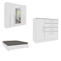Conjunto Guarda Roupa Casal com Puxador MDF Portugal com Espelho, Cama Casal Monaco e Cômoda Chicago Branco/Neve