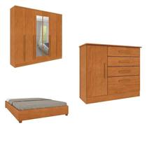 Conjunto Guarda Roupa Casal Com Puxador Mdf Portugal Com Espelho, Cama Casal Monaco E Cômoda Chicago