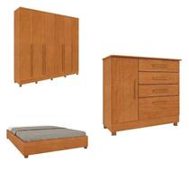 Conjunto Guarda Roupa Casal com Puxador MDF Portugal com Pés, Cama Casal Monaco e Cômoda Chicago Bege/Cinamomo