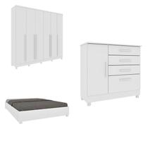 Conjunto Guarda Roupa Casal com Puxador MDF Portugal com Pés, Cama Casal Monaco e Cômoda Chicago Branco/Neve