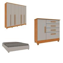 Conjunto Guarda Roupa Casal Com Puxador Mdf Portugal Com Pés, Cama Casal Monaco E Cômoda Chicago