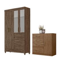 Conjunto Guarda Roupa Com Espelho e Cômoda Seicheles Castanho Wood