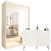 Conjunto Guarda Roupa Solteiro Premium 138cm 2 Portas e Cômoda 129,5cm 1 Porta 4 Gavetas Minastex