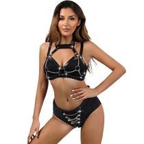 Conjunto Harness com Top e Calcinha em Couro e Correntes