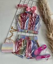 Conjunto Holográfico Colete E Short Arco-íris Para Meninas - 2 A 12 8 Conjunto Holográfico Colete E Short Arco-íris Para Meninas - 2 A 12 8
