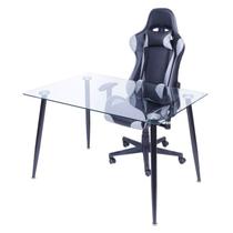 Conjunto Home Office 2 Peças Mesa Taurus Tampo Vidro e Cadeira Gamer F16 Espresso Móveis