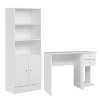 Conjunto Home Office com Armário 2 Portas e Mesa Escrivaninha Branco - Qmovi