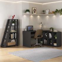 Conjunto Home Office com Escrivaninha em L com 8 Nichos e Estante Escada Organizadora Preto