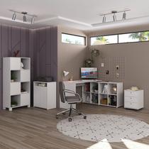 Conjunto Home Office Completo Escrivaninha em L Nero, Armário, Balcão e Gaveteiro 3 Gavetas Branco Artany