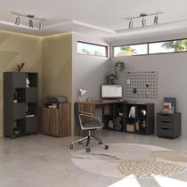Conjunto Home Office Completo Escrivaninha em L Nero, Armário, Balcão e Gaveteiro Face 3 Gavetas Ipê/Preto Artany