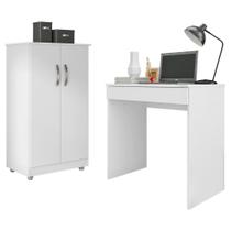 Conjunto Home Office Mesa Escrivaninha Allexa e Armário Multiuso Branco - Desk Design - AJL Móveis