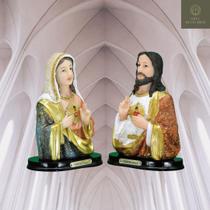Conjunto Imagens bustos Imaculado Coração de Maria e Sagrado Coração Jesus resina e dourado 11cm