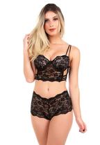 Conjunto IMI Lingerie Cropped Caleçon Em Renda Ariela Preto Conjunto IMI Lingerie Cropped Caleçon Em Renda Ariela Preto