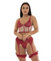 Conjunto IMI Lingerie Cropped Sem Bojo Tule Renda Cinta Liga Perneira Fio Dental Biju Perla Vermelho