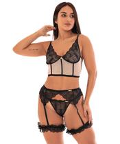 Conjunto IMI Lingerie Noite Lua de Mel Noiva Cinta Liga Perneira Biju Perla Preto