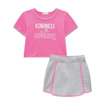 Conjunto infanti blusa boxy e short saia em malha canelada rosa