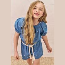Conjunto Infanti de Blusa Boxy e Shorts em Denim Bordado Azul