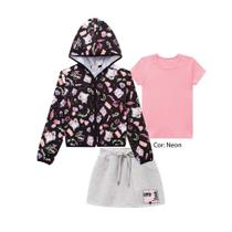Conjunto infanti jaqueta corta vento, blusa canelada e short saia em molecotom rosa e preto