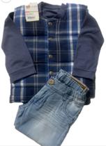 Conjunto Infantil 03 Anos Calça Jeans Com Ajuste Na Cintura Camisa Manga Comprida E Colete Xadrez
