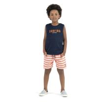 Conjunto Infantil Angerô Regata Malha Flamê Bermuda Tecido Milano Botonê Marinho/Laranja