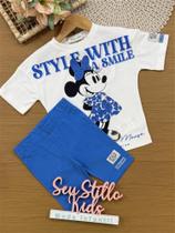 Conjunto Infantil Animê com Shorts Azul e Blusa Branca Minnie Disney