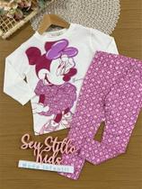 Conjunto Infantil Animê Inverno com Calça Rosa e Blusa Branca Minnie Mouse Disney