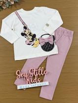 Conjunto Infantil Animê Inverno com Legging Rosa e Blusa Manga Longa Minnie Bolsinha Disney