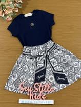 Conjunto Infantil Animê Inverno Saia com Shorts Embutido Estampado e Blusa Manga Curta Azul