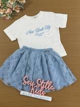 Conjunto infantil Animê Saia Azul em Tule e Blusa Manga Curta