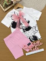 Conjunto Infantil Animê Verão com Shorts Ciclista Rosa e Blusa Branca Minnie Laço Disney