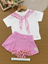 Conjunto Infantil Animê Verão com Shorts Saia Lilás e Blusa Branca Bandana