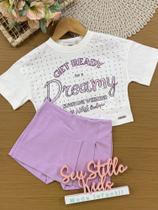 Conjunto Infantil Animê Verão com Shorts Saia Lilás e Blusa Branca Dreamy