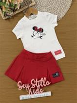 Conjunto Infantil Animê Verão com Shorts Saia Vermelho e Blusa Branca Minnie com Strass Disney Conjunto Infantil Animê Verão com Shorts Saia Vermelho e Blusa Branca Minnie com Strass Disney