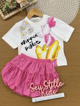 Conjunto Infantil Animê Verão Saia Balone Rosa e Blusa Branca Pooh e Leitão Disney